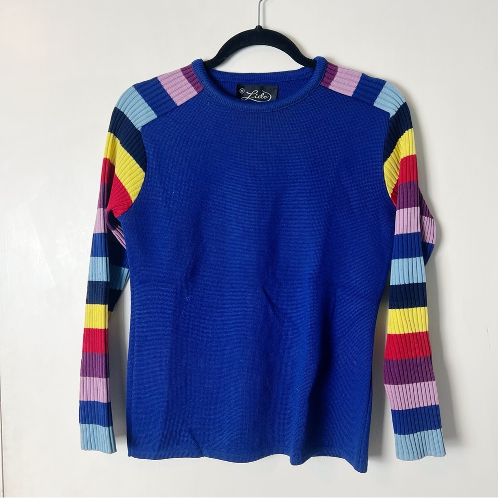 Lido of California Women’s Vintage Sweater Striped Ribbed Sleeves Knit Blue Sz S